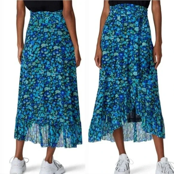 Ganni Floral Wrap Midi Skirt Asymmetrical Ruffle  Blue Green Women's 32 Medium - Picture 5 of 13